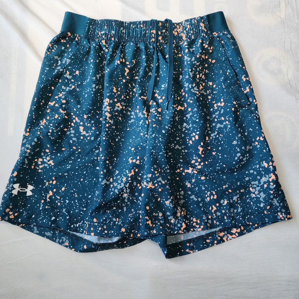 Under Armour Shorts Mens Large Teal Orange Splatter Excellent 8in Inseam 1361436